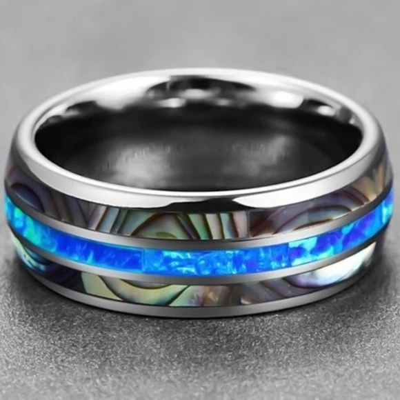 NEW Mens Tungsten Carbide inlaid Shells Blue Opal Statement Ring Gifts Unisex - Picture 4 of 16